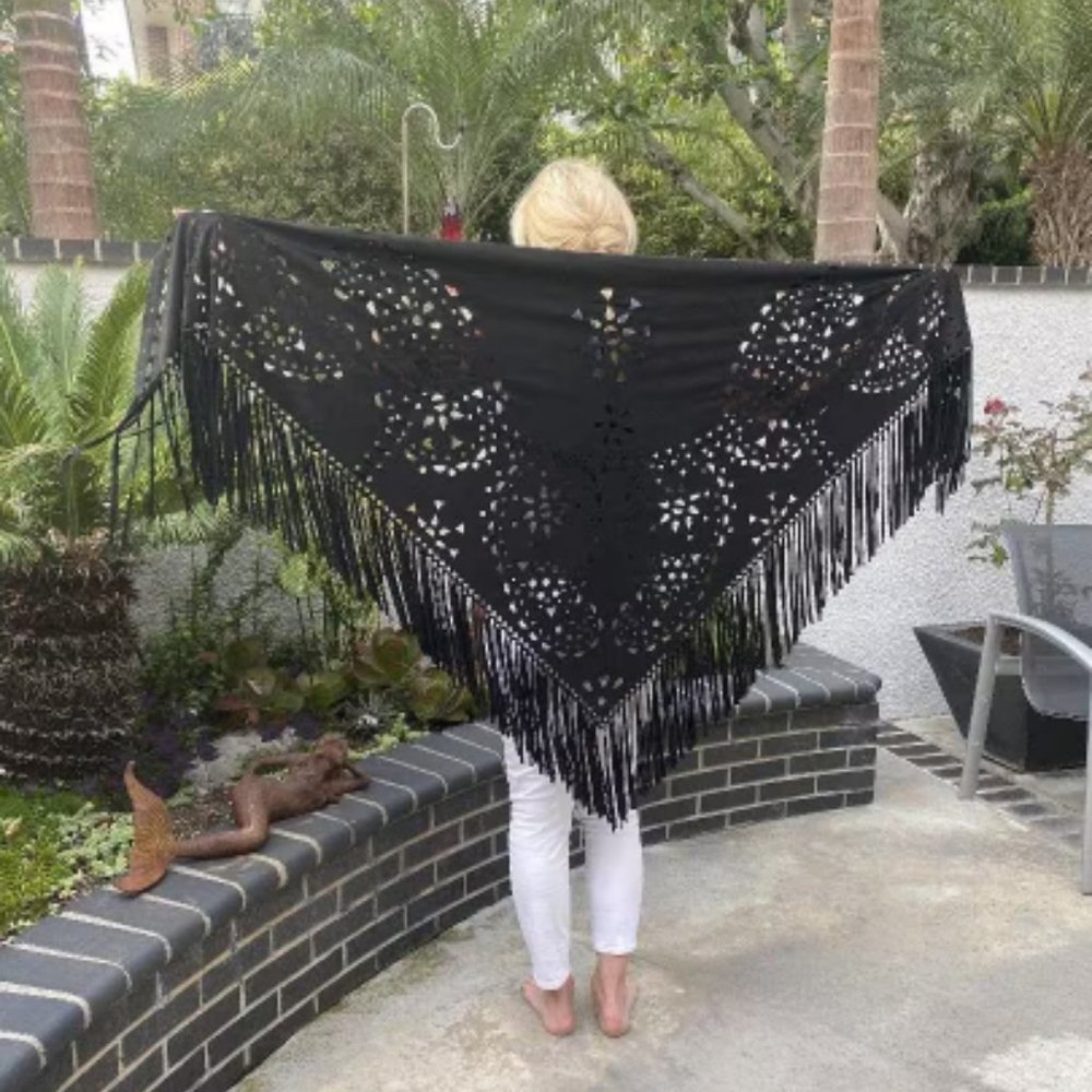 Flowy Ultra suede shawl, shawl, wrap, Black fringed Shawl, Piano scarf